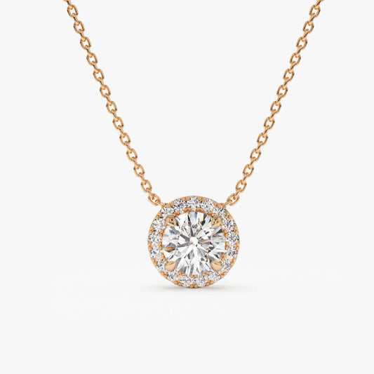 14K White Round Halo Necklace