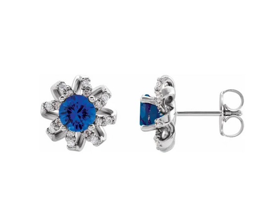 Lab Grown Blue Sapphire & Diamond Halo Stud Earrings