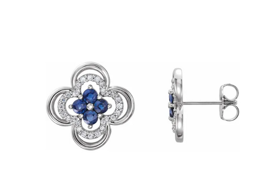 Lab Grown Blue Sapphire & Diamond Clover Stud Earrings