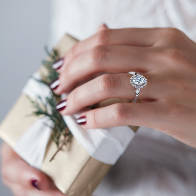 14K Gold Oval Diamond Halo Baguette Engagement Ring