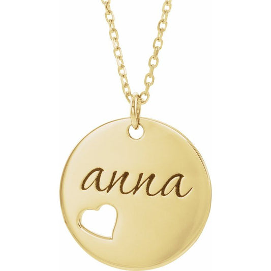 14K Gold Pierced Heart Engravable Disc Initial Necklace