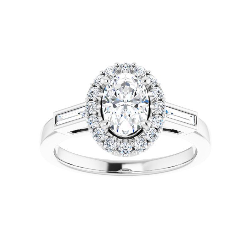 14K Gold Oval Diamond Halo Baguette Engagement Ring