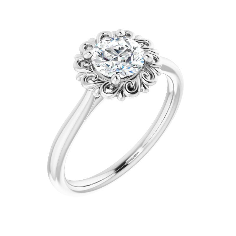 14K Gold Round Engagement Flower Setting Ring