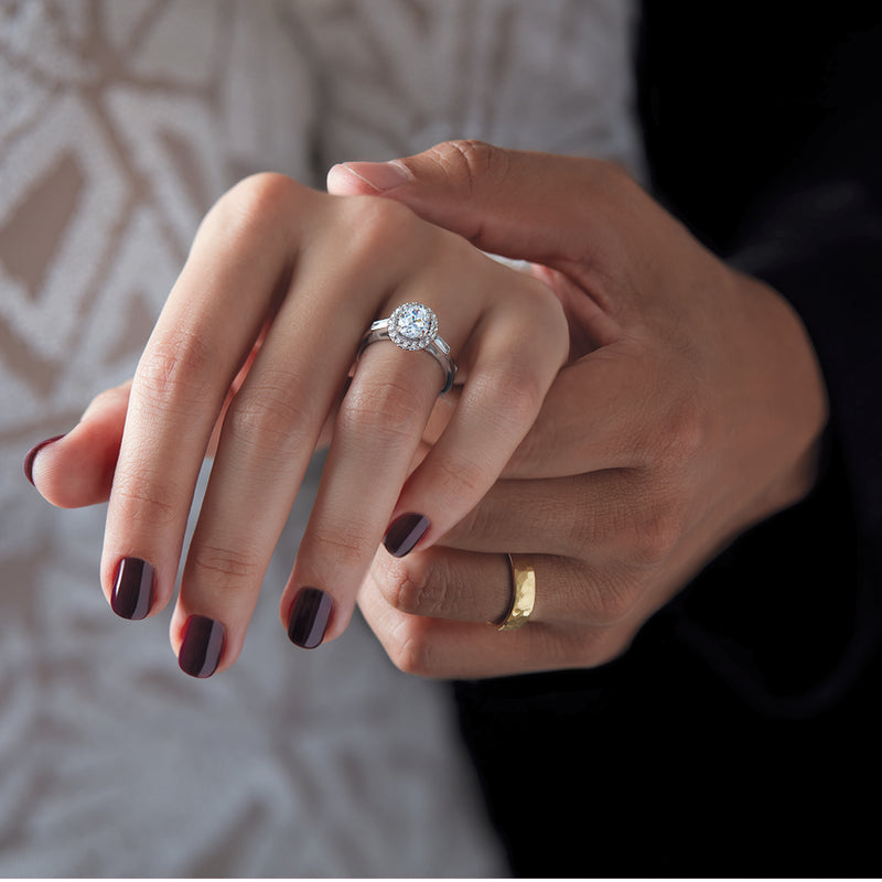 14K Gold Oval Diamond Halo Baguette Engagement Ring