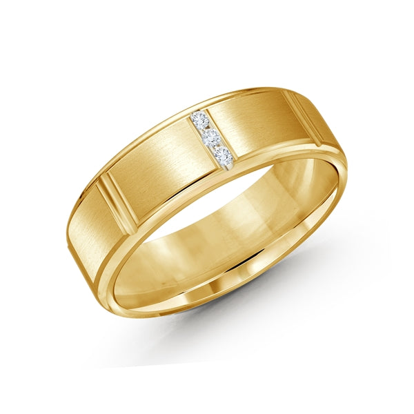 Indented 14K Gold Diamond 7mm Men Band - 3 vertical stones