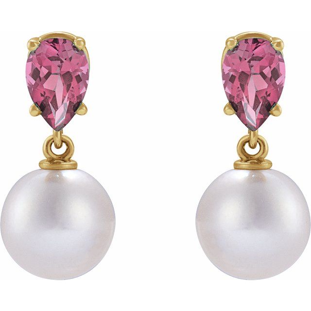 14K Gold Cultured White Akoya Pearl & Pink Tourmaline Earrings