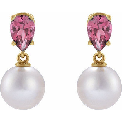 14K Gold Cultured White Akoya Pearl & Pink Tourmaline Earrings