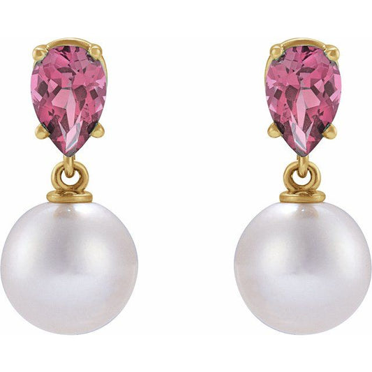 14K Gold Cultured White Akoya Pearl & Pink Tourmaline Earrings