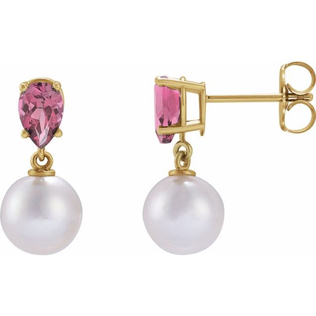 14K Gold Cultured White Akoya Pearl & Pink Tourmaline Earrings