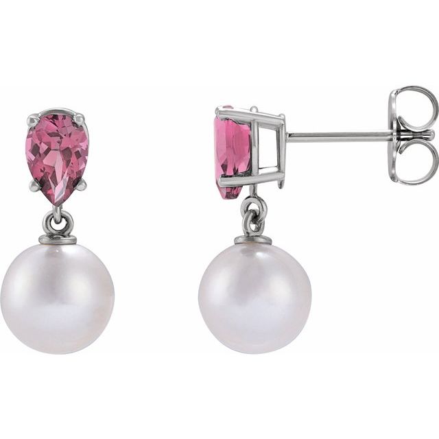 14K Gold Cultured White Akoya Pearl & Pink Tourmaline Earrings