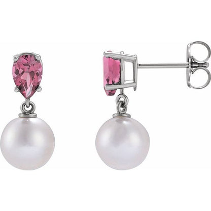 14K Gold Cultured White Akoya Pearl & Pink Tourmaline Earrings