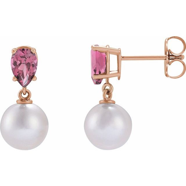 14K Gold Cultured White Akoya Pearl & Pink Tourmaline Earrings