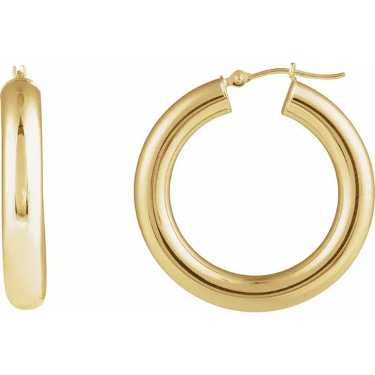 14K Yellow Gold  Round Tube Hoop Earrings