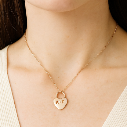 14K Gold Engravable Heart Love-Lock Initial/Couple Initial Necklace