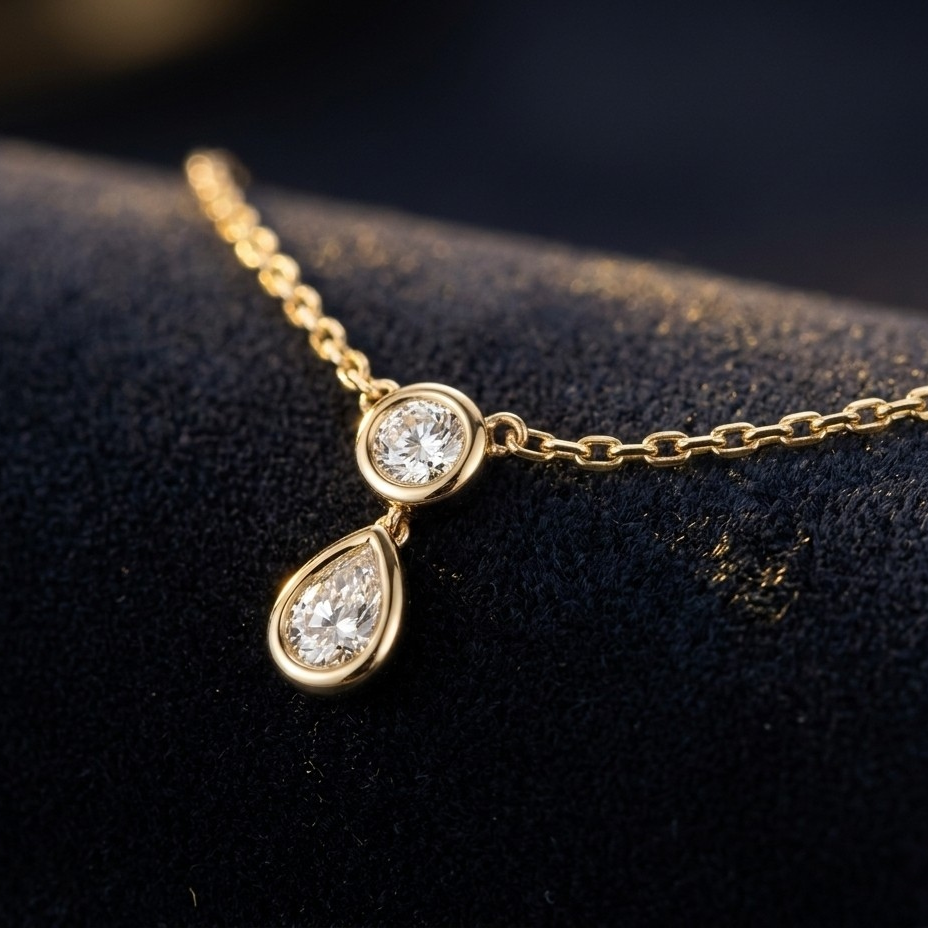 Gold necklace with pear and round diamonds of Teardrop shaped pendants