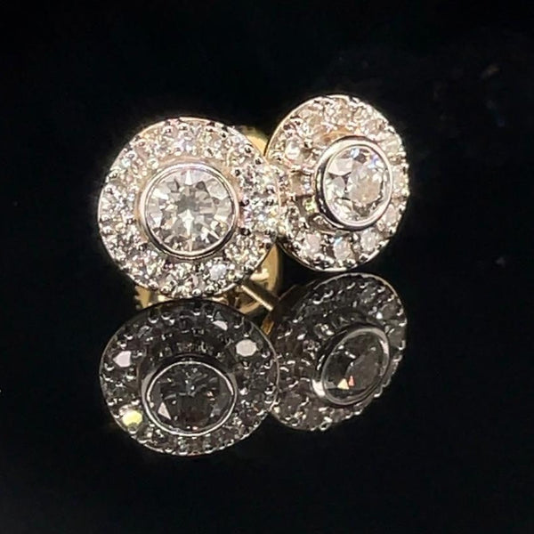 14K Gold Diamond Bezel Halo Stud Earrings