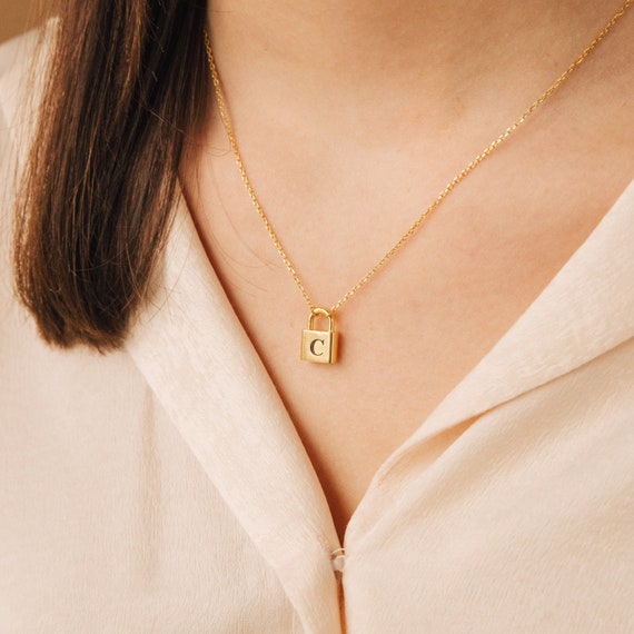 14K Gold  Engravable Lock Initial Necklace