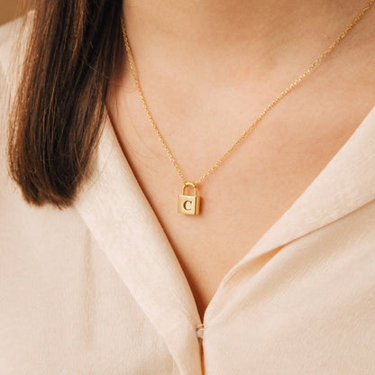 14K Gold  Engravable Lock Initial Necklace