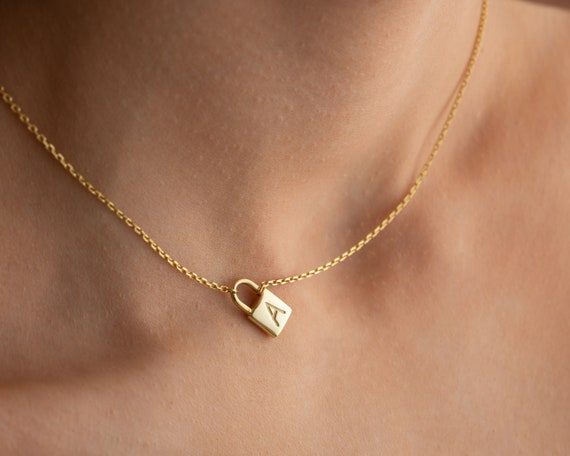 14K Gold  Engravable Lock Initial Necklace