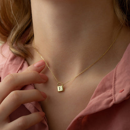 14K Gold  Engravable Lock Initial Necklace