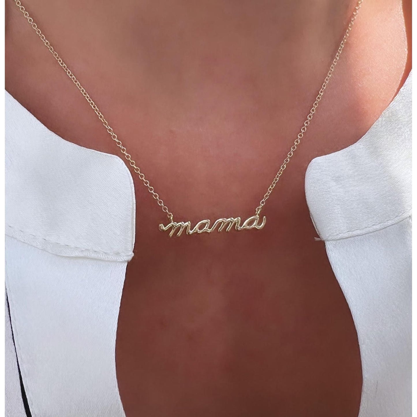 14K Gold and Diamond Dainty "mama" Script Necklace