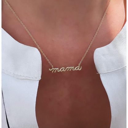 14K Gold and Diamond Dainty "mama" Script Necklace