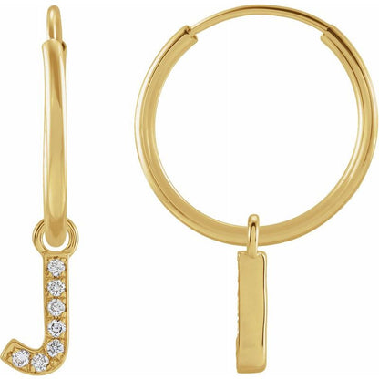 14K Gold Diamond Single Initial A-Z Hoop Earring