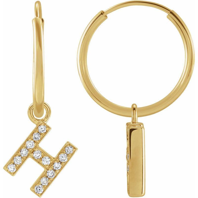 14K Gold Diamond Single Initial A-Z Hoop Earring