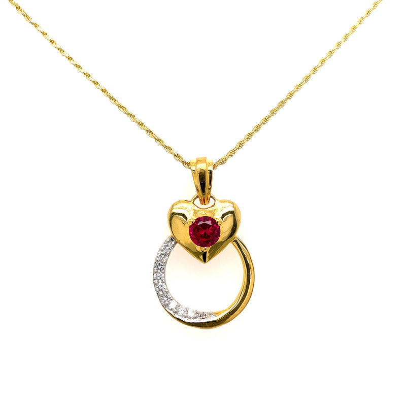 18K Gold Ruby & Diamond Heart Earrings and Necklace Set