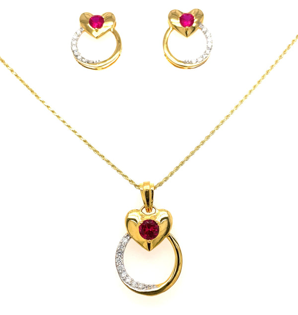 18K Gold Ruby & Diamond Heart Earrings and Necklace Set