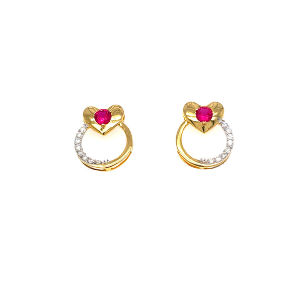 18K Gold Ruby & Diamond Heart Earrings and Necklace Set