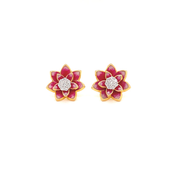 18K Gold Lotus Diamond Cluster Enamel Earrings