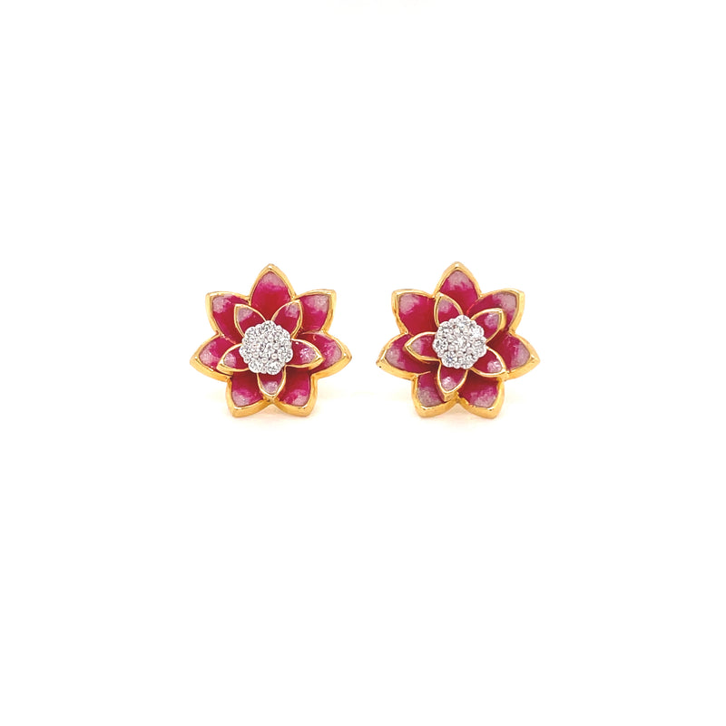 18K Gold Lotus Diamond Cluster Enamel Earrings