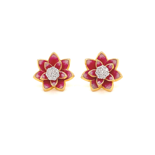 18K Gold Lotus Diamond Cluster Enamel Earrings