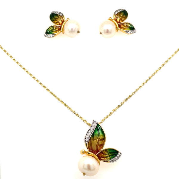 18K Gold Cultured Pearl & Diamond Butterfly Earrings and Necklace Set