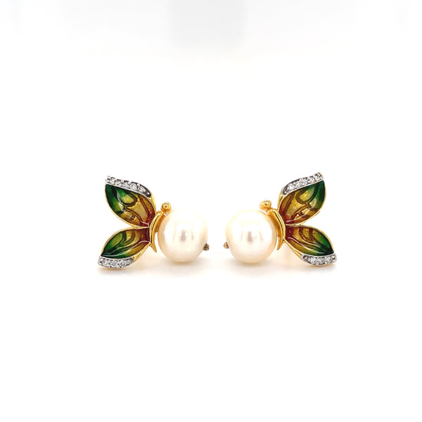 18K Gold Cultured Pearl & Diamond Butterfly Earrings and Necklace Set