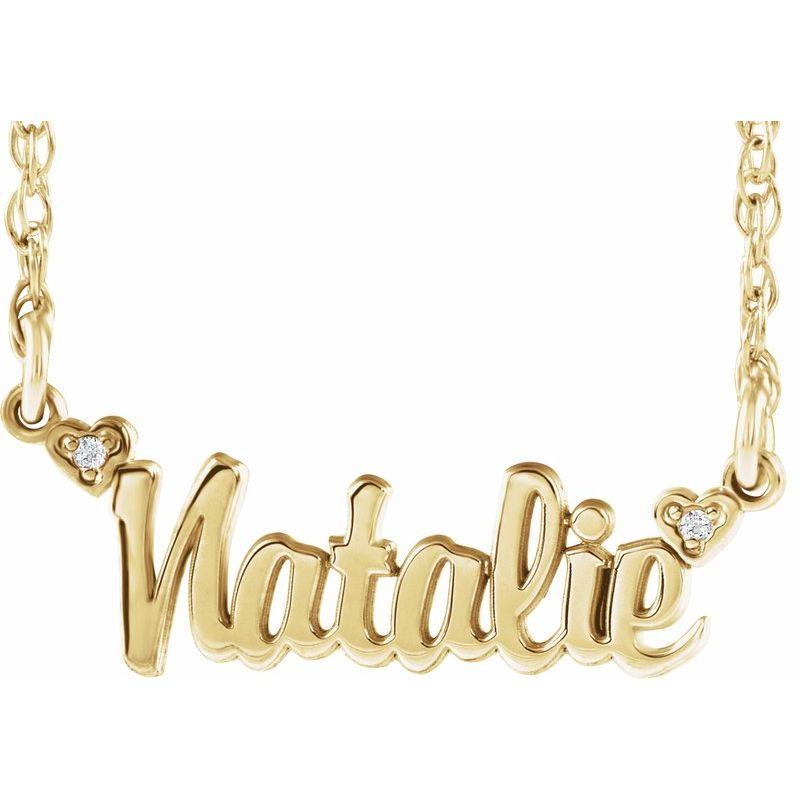 14K Gold Diamond Script Nameplate Necklace with heart