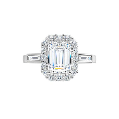 14K Gold Emerald with Halo & Baguette Engagement Ring