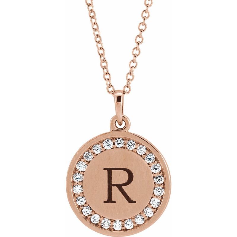 14K Gold Round Frame Diamond Engravable Initial Necklace