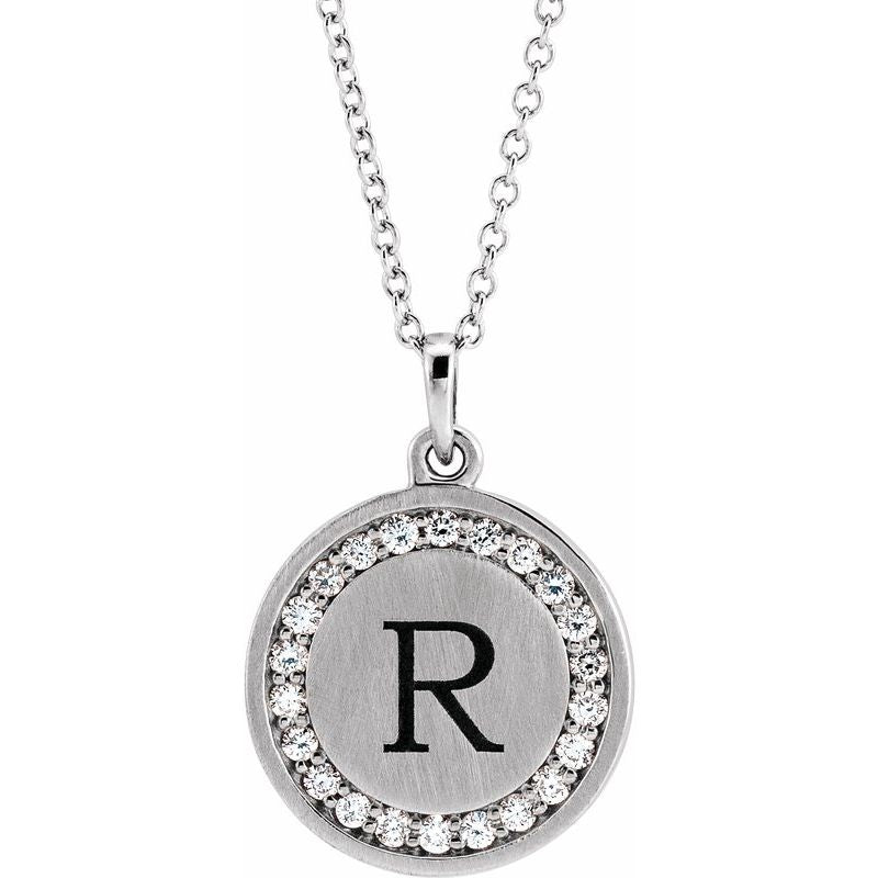 14K Gold Round Frame Diamond Engravable Initial Necklace