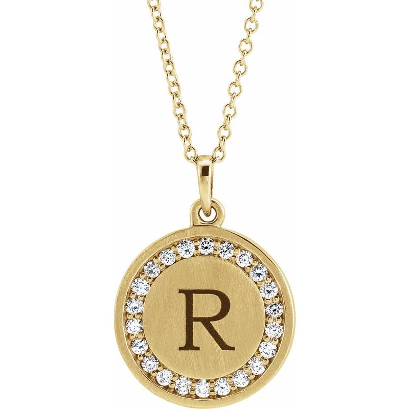 14K Gold Round Frame Diamond Engravable Initial Necklace
