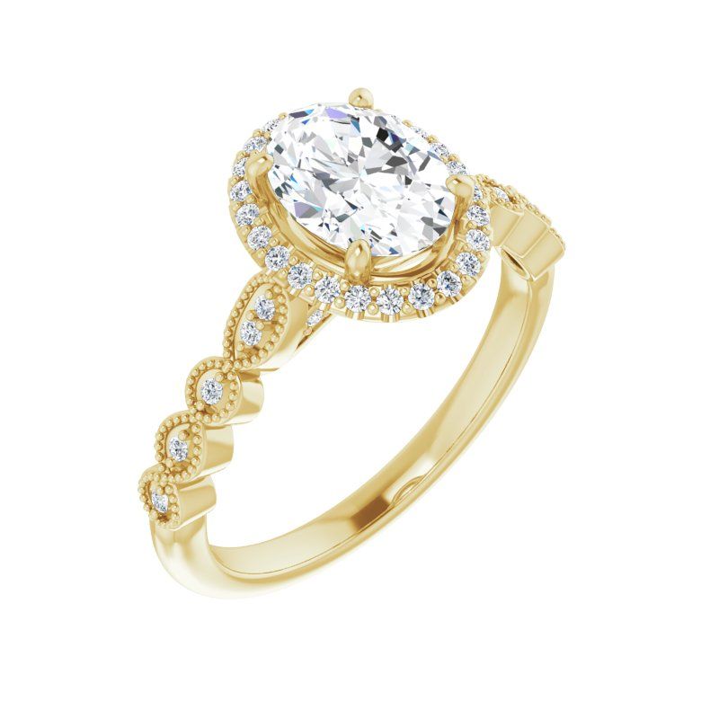 14K Gold Oval Halo Bezel Shank Engagement Ring