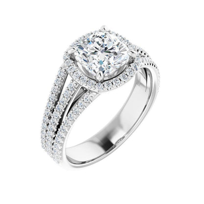 14K Gold Cushion Halo Triple Shank Engagement Ring