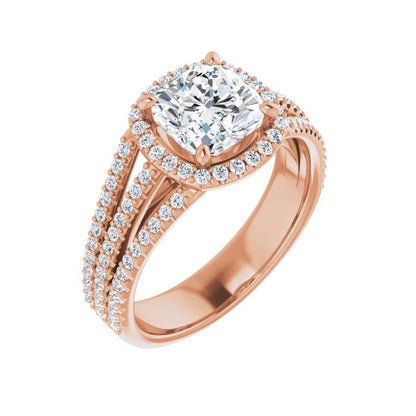 14K Gold Cushion Halo Triple Shank Engagement Ring