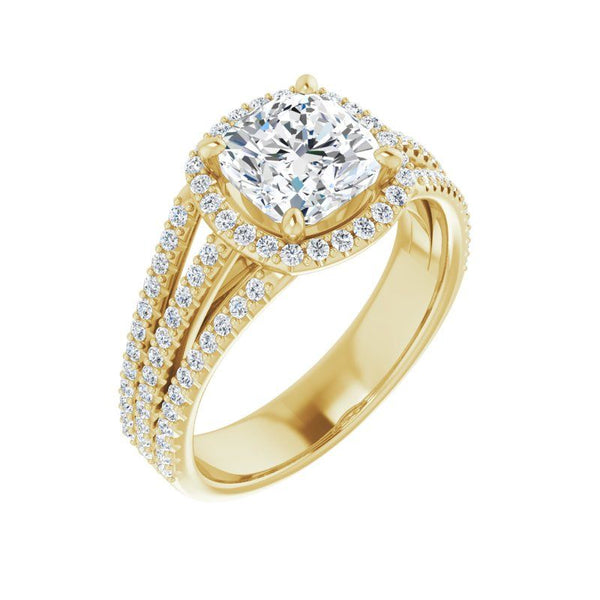 14K Gold Cushion Halo Triple Shank Engagement Ring