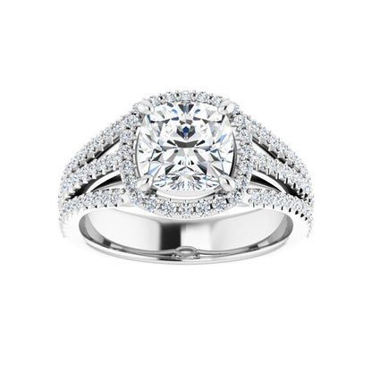 14K Gold Cushion Halo Triple Shank Engagement Ring