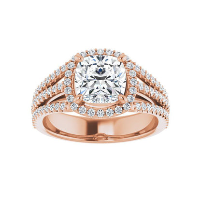 14K Gold Cushion Halo Triple Shank Engagement Ring