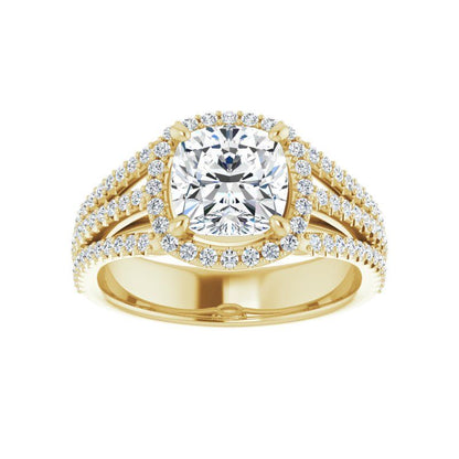 14K Gold Cushion Halo Triple Shank Engagement Ring