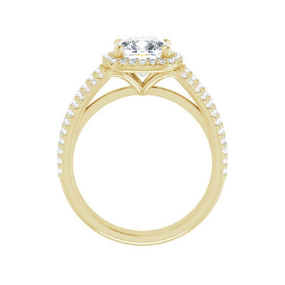 14K Gold Cushion Halo Triple Shank Engagement Ring