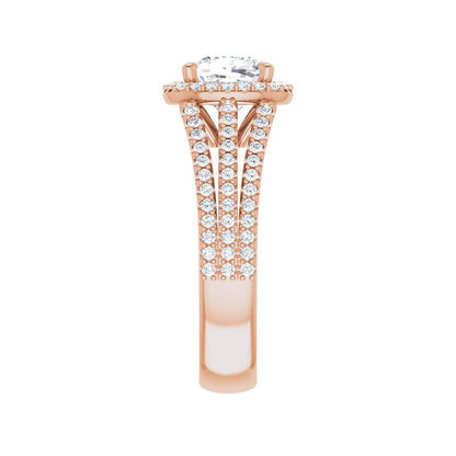 14K Gold Cushion Halo Triple Shank Engagement Ring